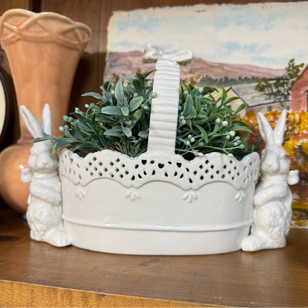 Vintage White Ceramic Bunny Basket Planter